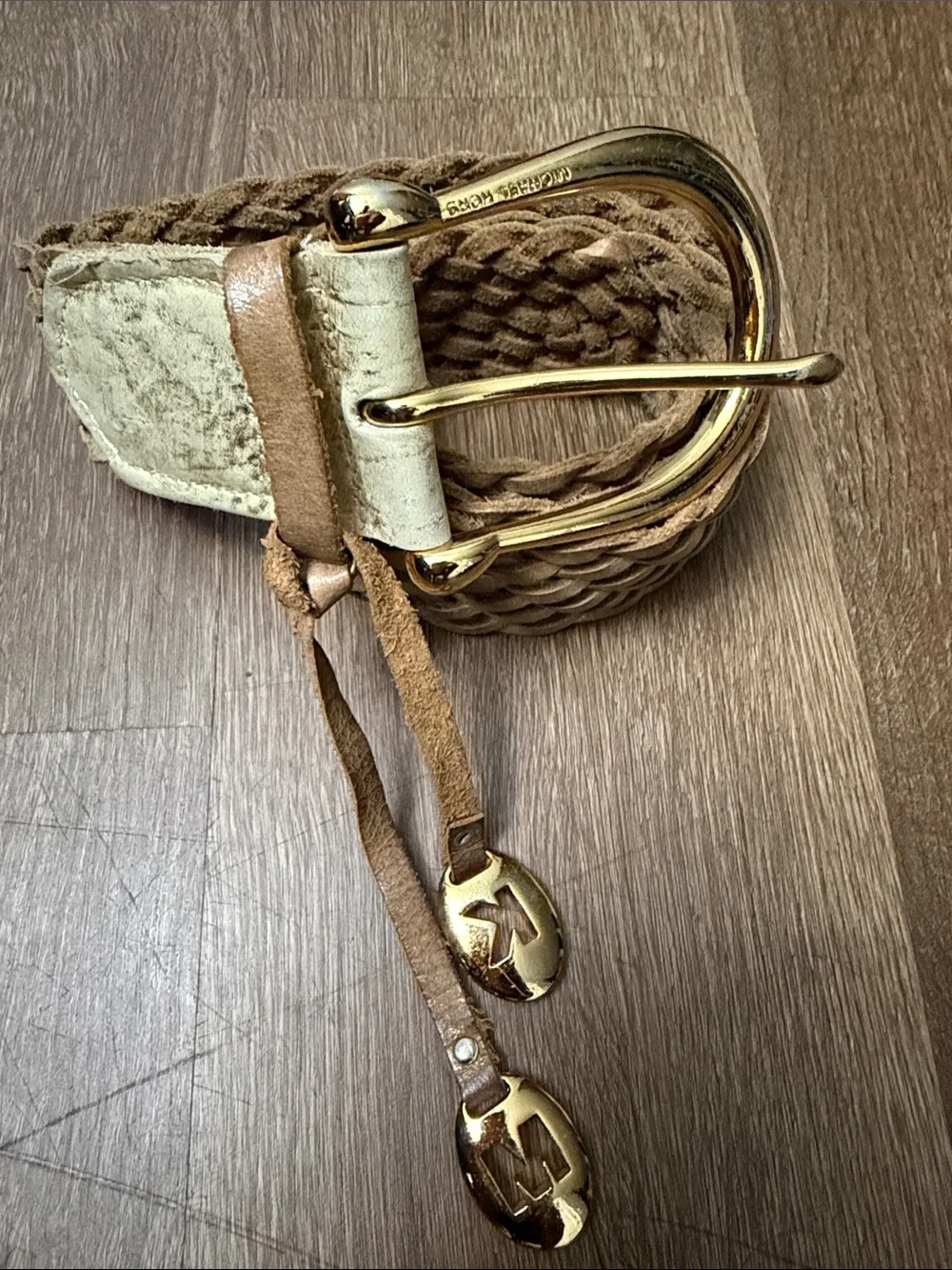 Michael Kors Tan Braided Leather Belt with Gold Hardware medium